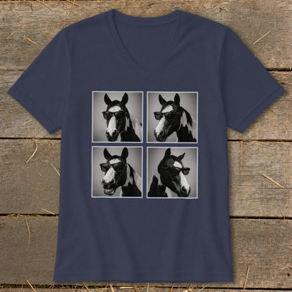 Four black and white images of a horse wearing sunglasses on a navy blue t-shirt.