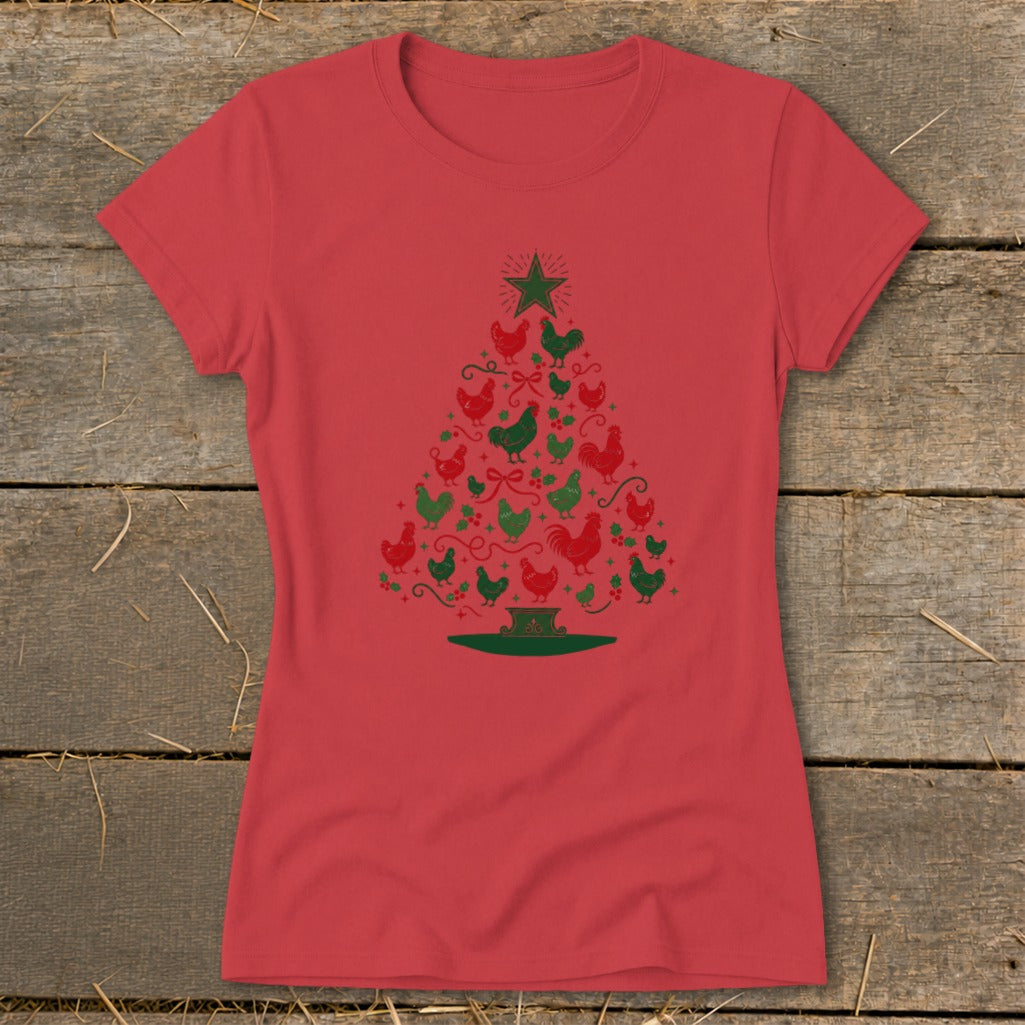 Red t-shirt with green and red chicken Christmas tree graphic.