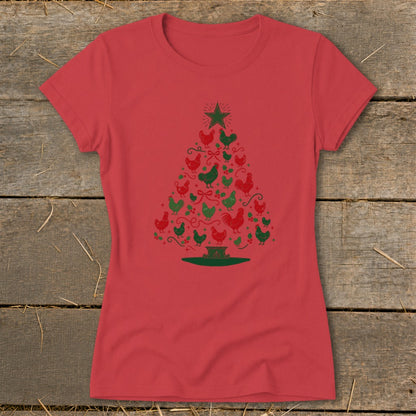 Red t-shirt with green and red chicken Christmas tree graphic.