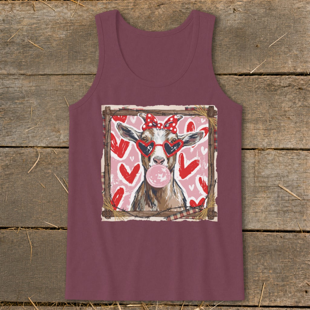 Goat with heart sunglasses and bubblegum on tank top with heart pattern.