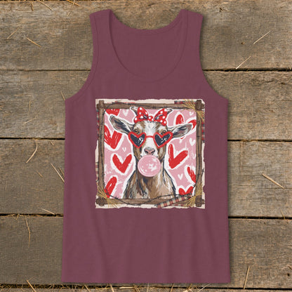 Goat with heart sunglasses and bubblegum on tank top with heart pattern.