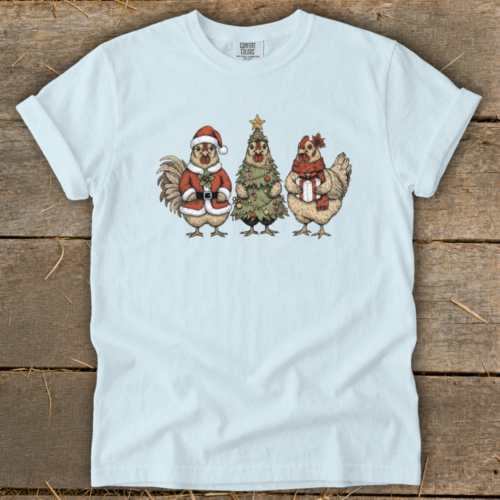Light blue t-shirt with a Christmas-themed graphic of three chickens.