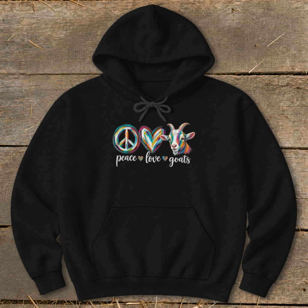 Black hoodie with peace sign, heart, and colorful goat graphic above text.
