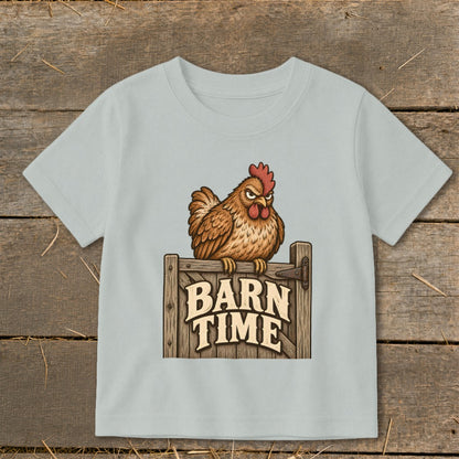 Light blue t-shirt with a cartoon chicken on a wooden sign reading "BARN TIME".