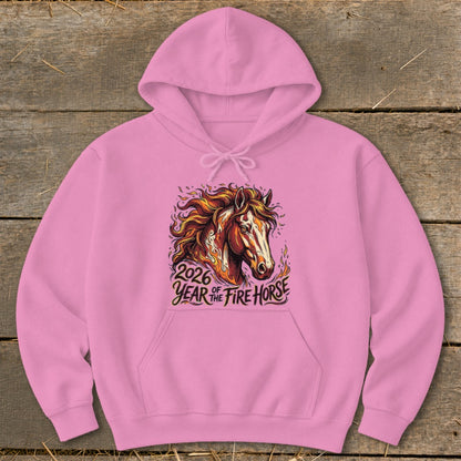 Pink hoodie featuring a fire horse graphic with text "2026 Year of the Fire Horse".