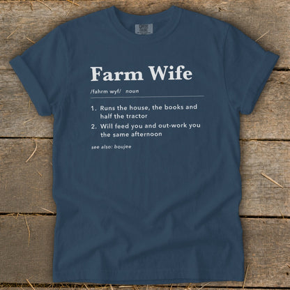 Navy blue t-shirt with "Farm Wife" definition printed in white text.