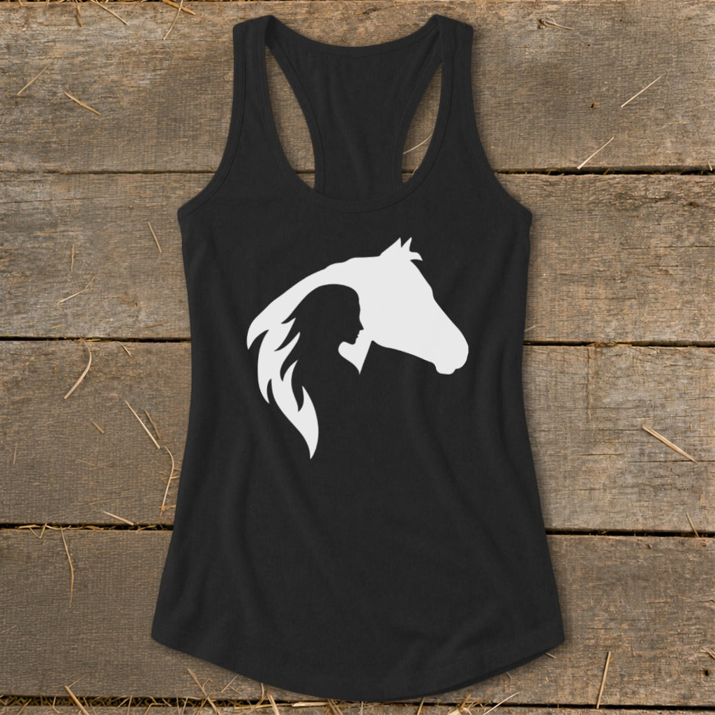 Black racerback tank top with white silhouette of a woman and horse head.