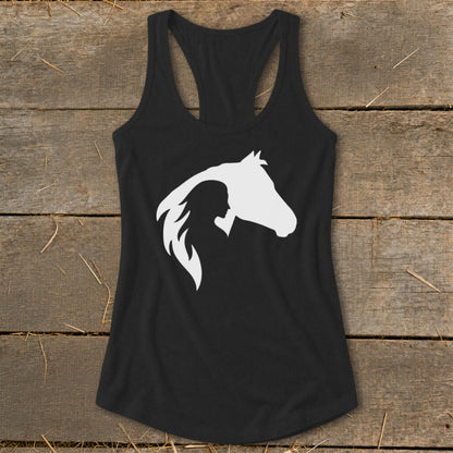 Black racerback tank top with white silhouette of a woman and horse head.