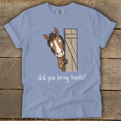Cartoon horse peeking from behind a wooden gate asking "did you bring treats?"