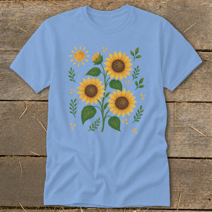 Light blue t-shirt with a graphic of sunflowers and a sun.