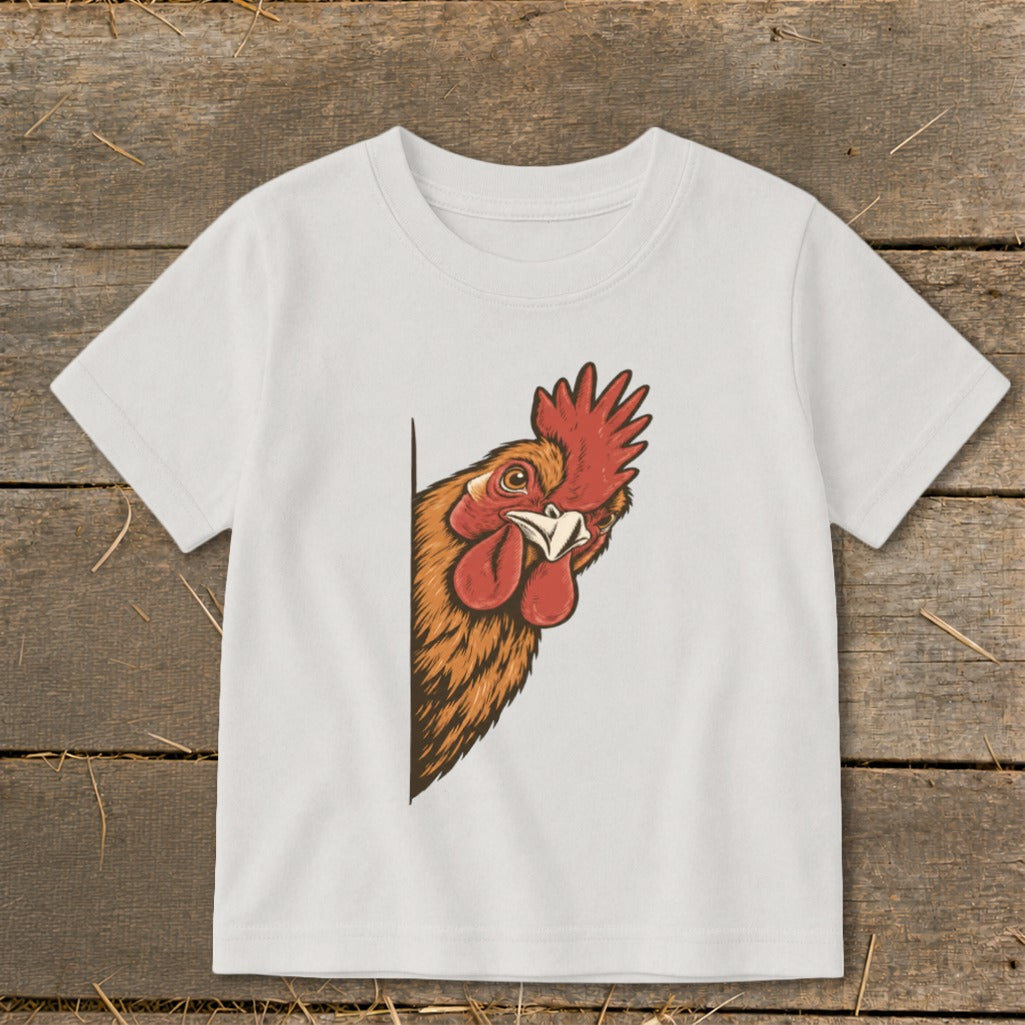 White t-shirt with a cartoon rooster peeking from the side.