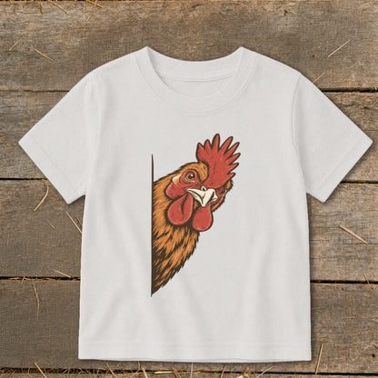 White t-shirt with a cartoon rooster peeking from the side.