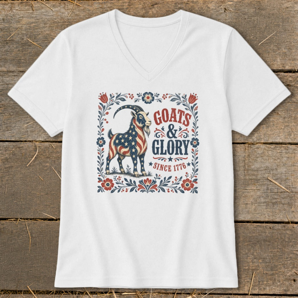 White V-neck shirt with a patriotic goat graphic and text "Goats & Glory Since 1776".