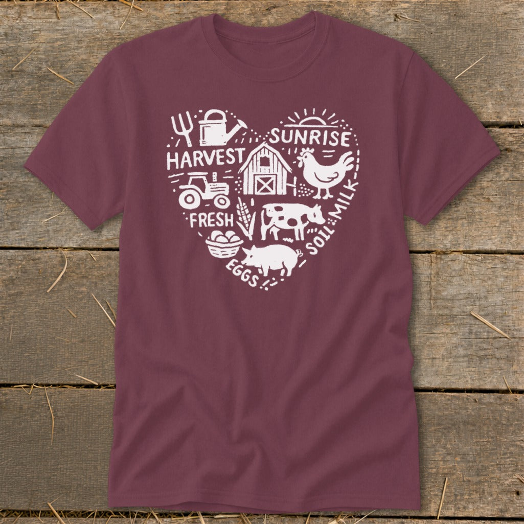 Maroon t-shirt with heart-shaped farm graphic and text.