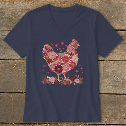 Navy v-neck t-shirt with a floral chicken and hearts design.