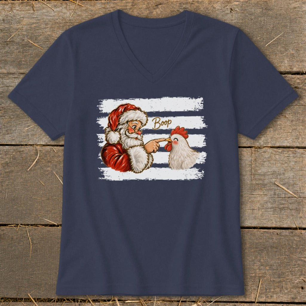 Santa booping a chicken with "Boop" text on a navy t-shirt.