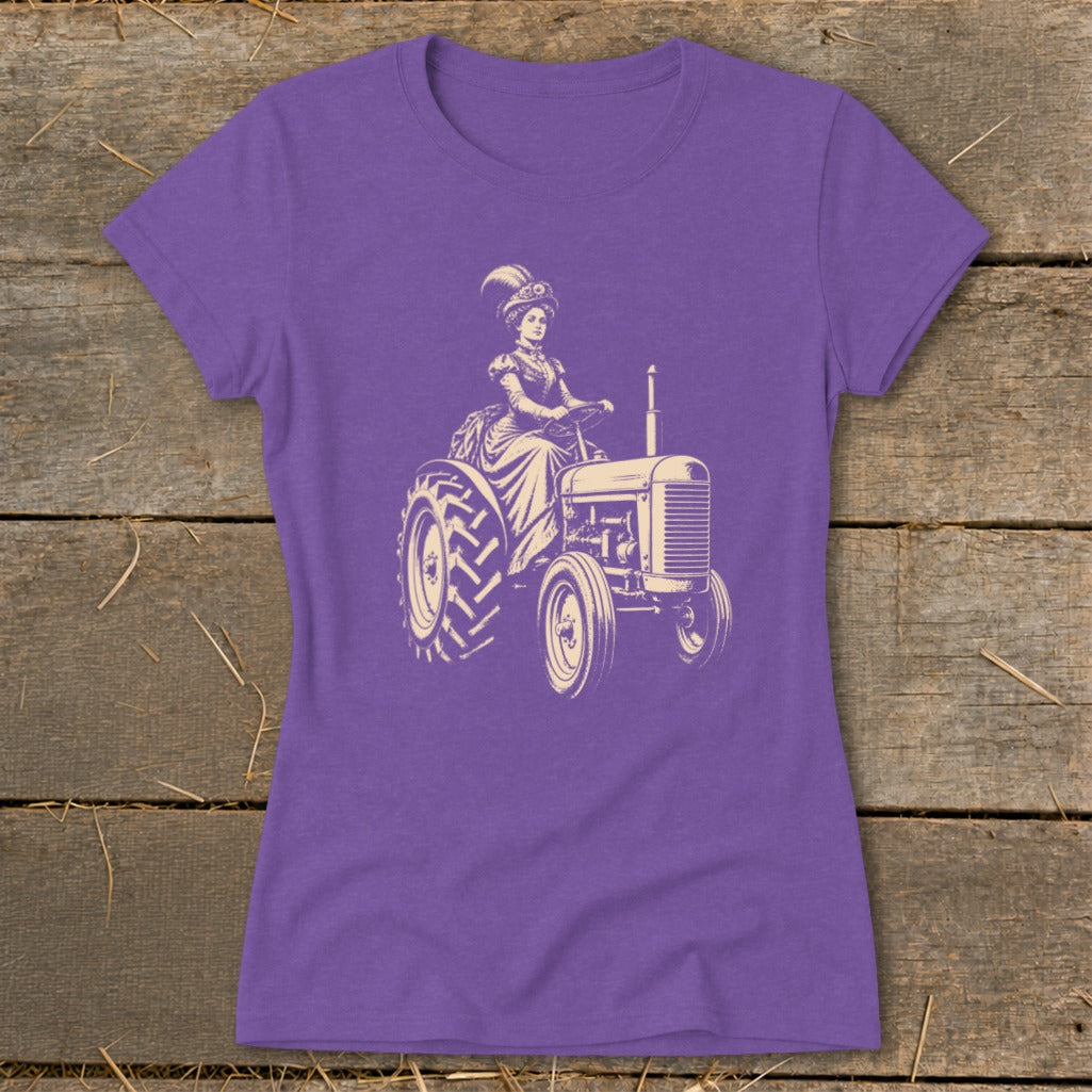 Illustration of a woman in vintage attire driving a tractor.
