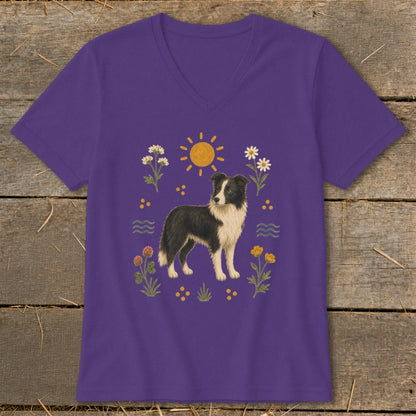 Purple v-neck t-shirt with a Border Collie surrounded by flowers and a sun graphic.