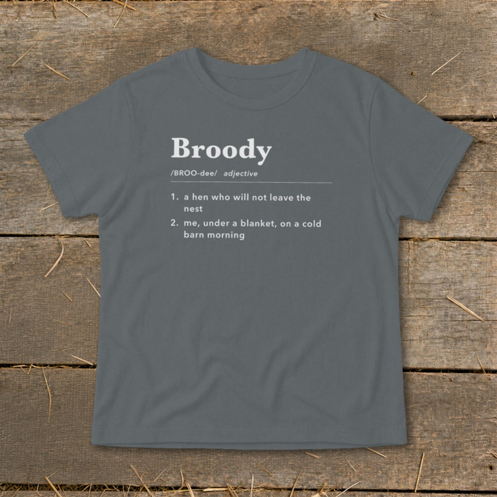 Gray t-shirt with "Broody" definition and humorous second meaning.