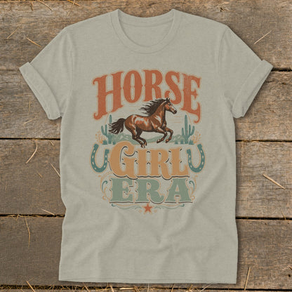 T-shirt with retro "HORSE GIRLU ERA" text and a running horse graphic.