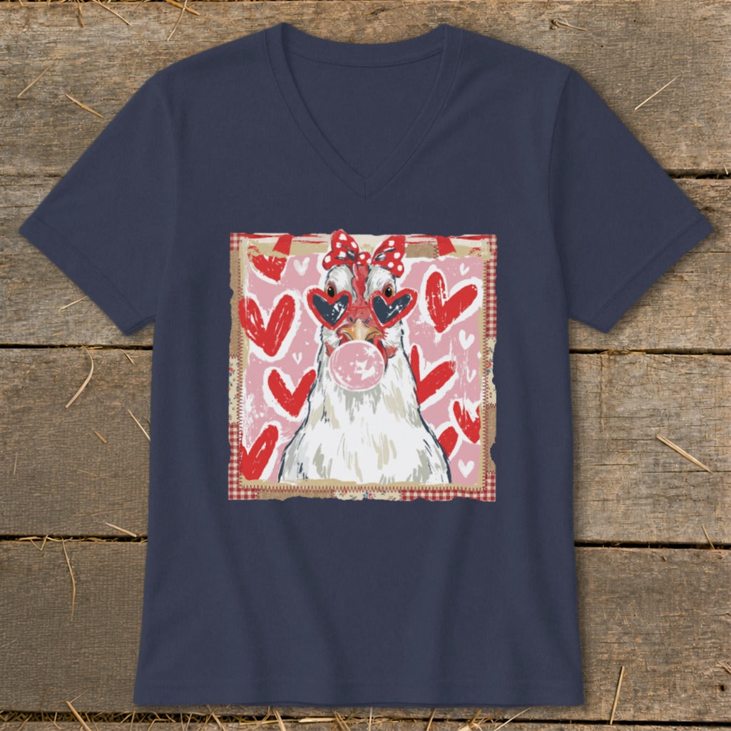 T-shirt with a chicken wearing heart sunglasses and a red bow, blowing pink bubblegum.