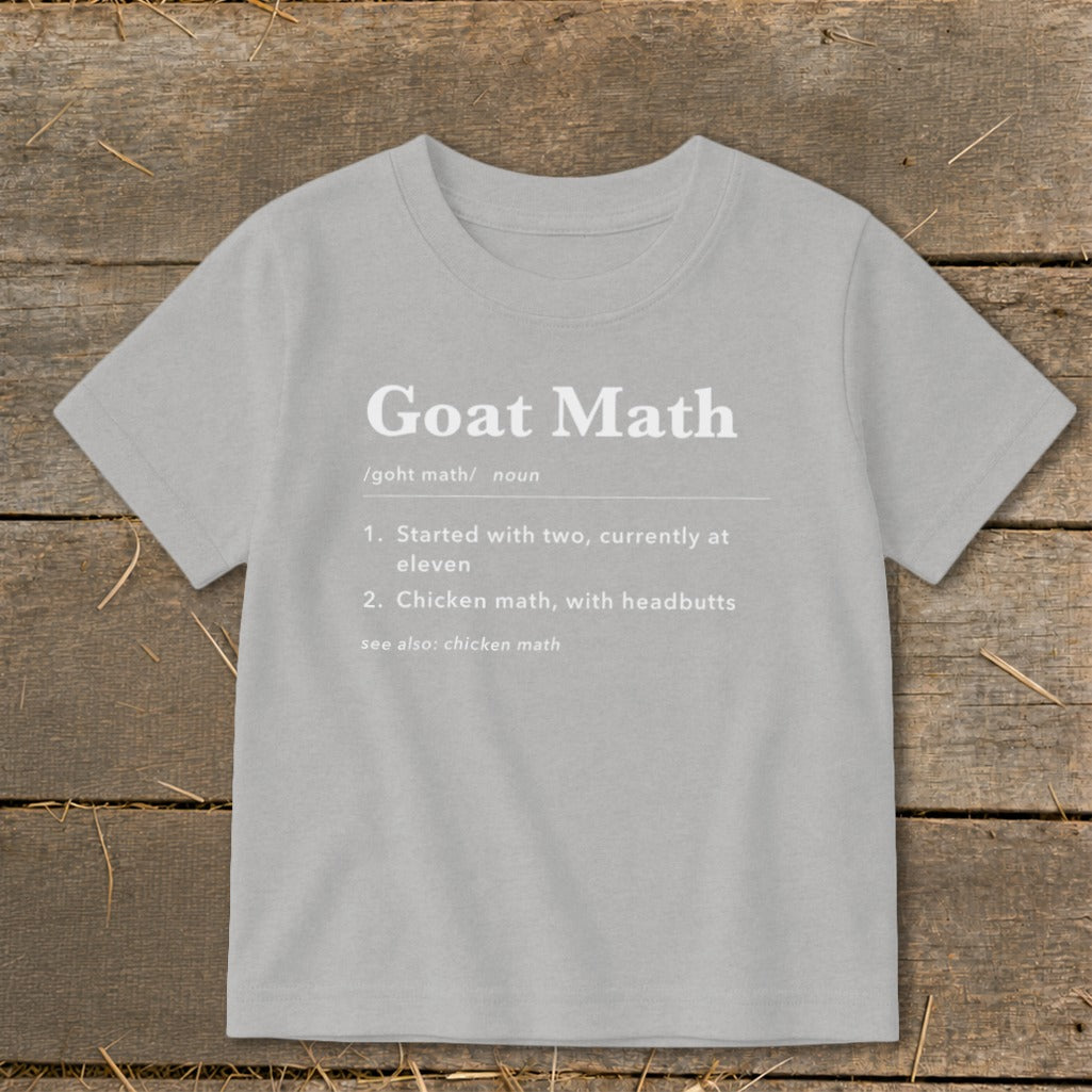 Light grey t-shirt with "Goat Math" definition printed in white.