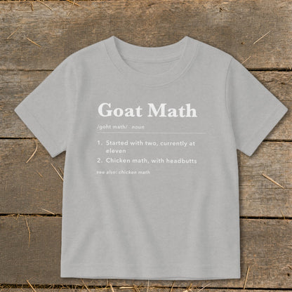 Light grey t-shirt with "Goat Math" definition printed in white.