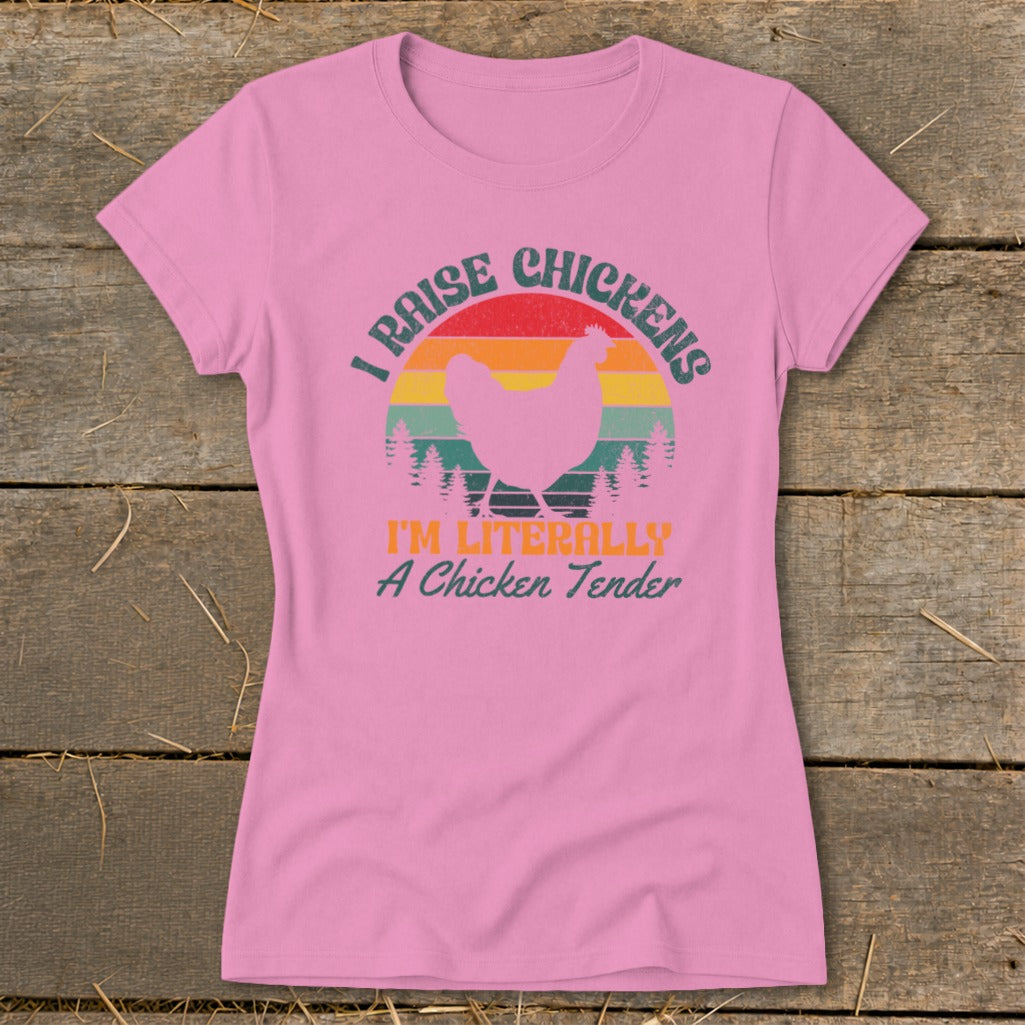 Pink t-shirt with "I Raise Chickens" and chicken graphic.