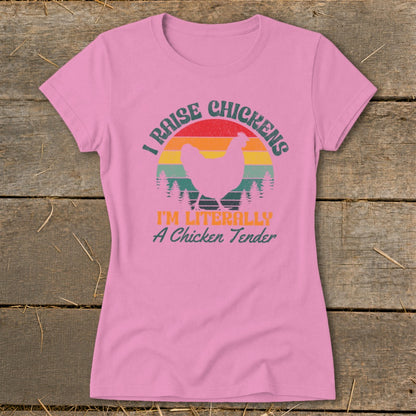 Pink t-shirt with "I Raise Chickens" and chicken graphic.