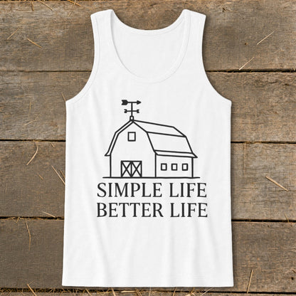 White tank top with barn graphic and "Simple Life Better Life" text.