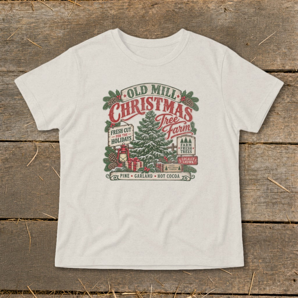 Old Mill Christmas Tree Farm design with a tree, gifts, and festive text.