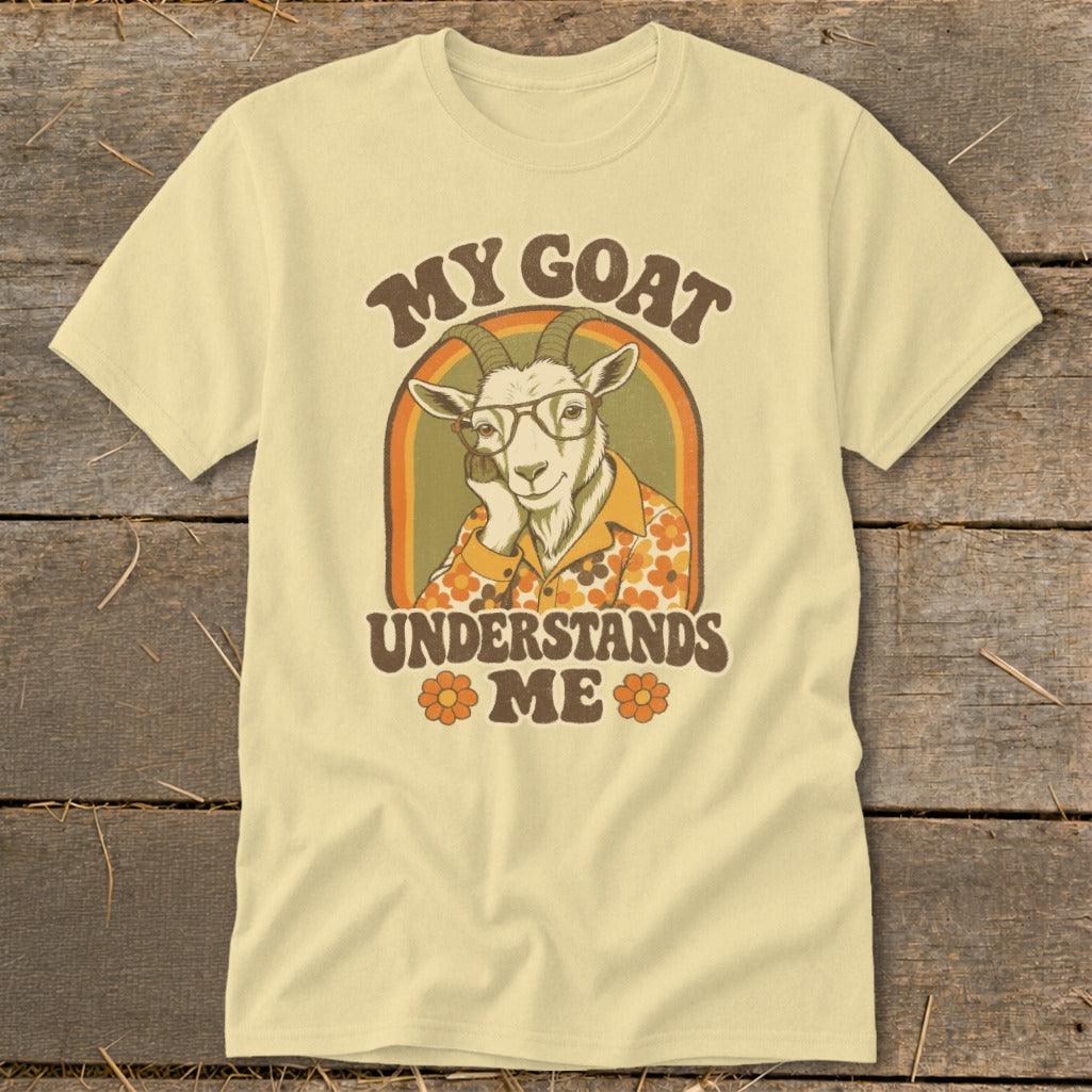 Goat wearing glasses and a floral shirt with text "MY GOAT UNDERSTANDS ME".