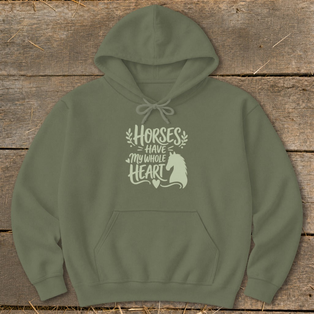 Olive green hoodie with "Horses Have My Whole Heart" text and horse graphic.