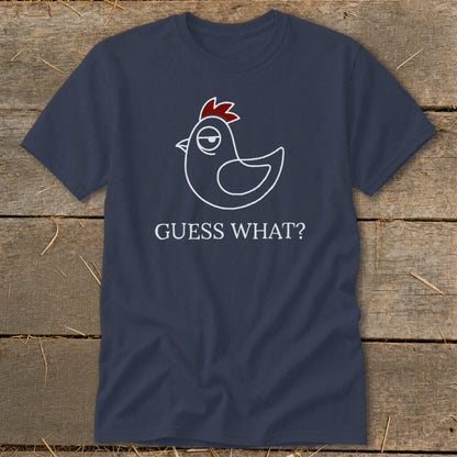 Navy t-shirt with white chicken graphic and text "GUESS WHAT?".