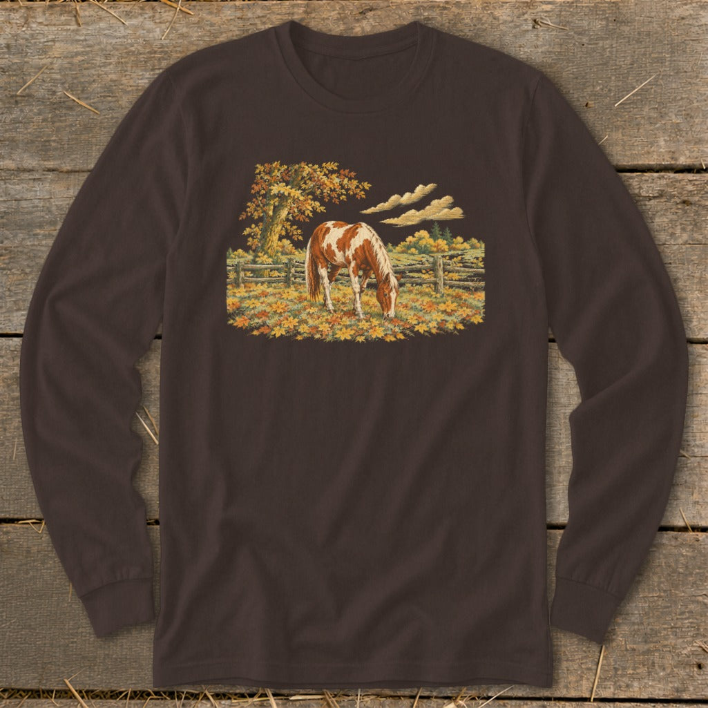 Brown long-sleeve shirt with a painted horse grazing in an autumn field.