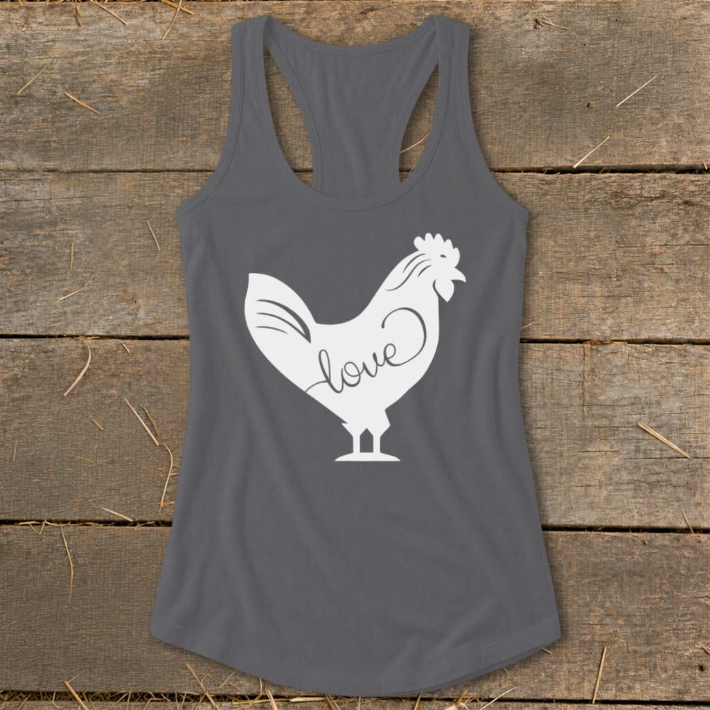 Gray tank top with white rooster graphic and the word "love".
