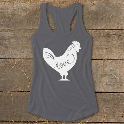 Gray tank top with white rooster graphic and the word "love".