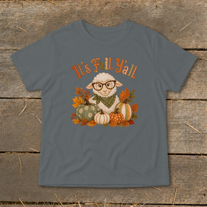 Sheep with glasses and pumpkins surrounded by fall leaves, with text "It's Fall Y'all".