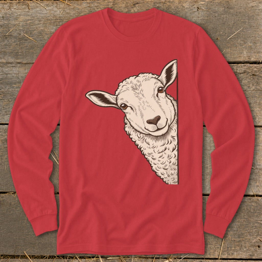 Red long-sleeve shirt featuring a drawing of a sheep peeking from the side.
