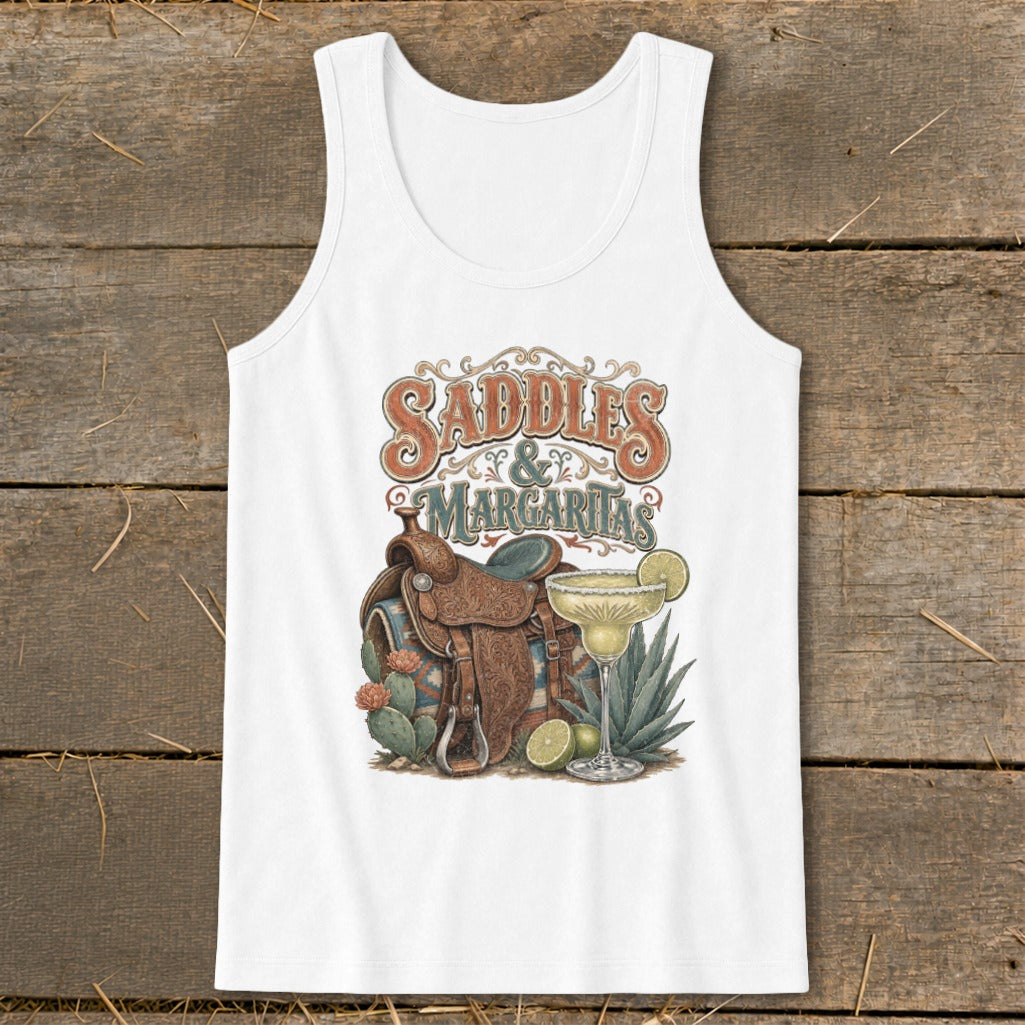 White tank top with "Saddles & Margaritas" text, a saddle, cactus, and margarita.