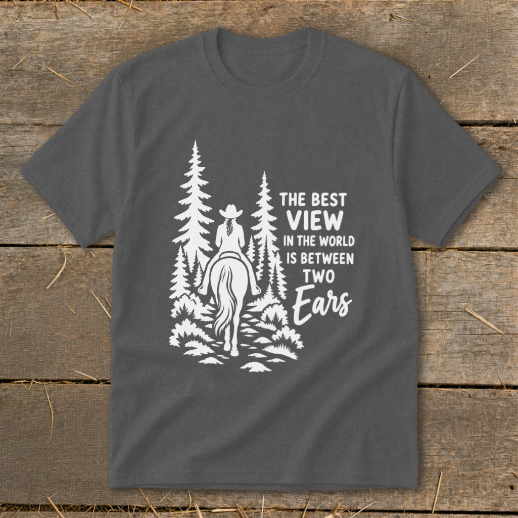 Dark gray t-shirt featuring a white graphic of a horseback rider among pine trees and text.