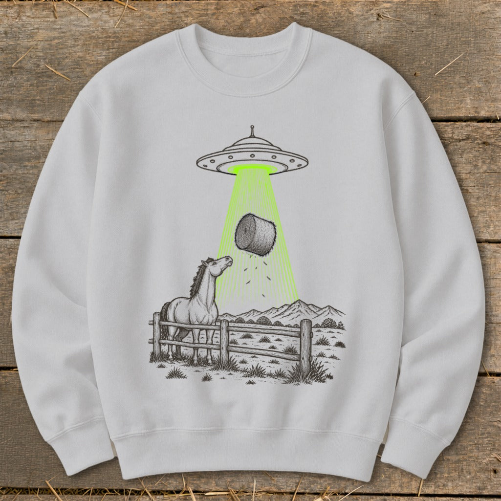 UFO abducting hay bale with a horse watching over a fence.
