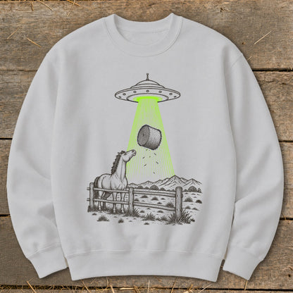 UFO abducting hay bale with a horse watching over a fence.