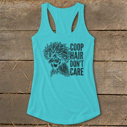 Teal tank top with a drawing of a chicken and the text "COOP HAIR DON'T CARE".