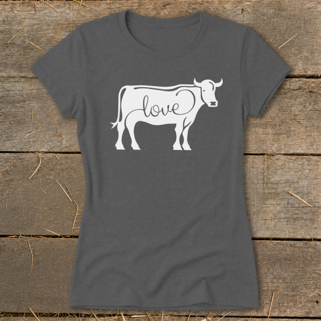 Dark gray t-shirt with a white cow outline and the word "love" in cursive.