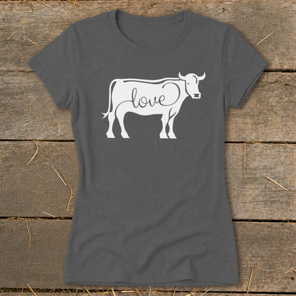 Dark gray t-shirt with a white cow outline and the word "love" in cursive.