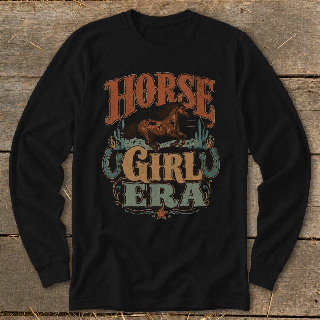 Black long-sleeve shirt with "Horse Girl Era" text and horse graphic.