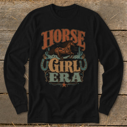Black long-sleeve shirt with "Horse Girl Era" text and horse graphic.