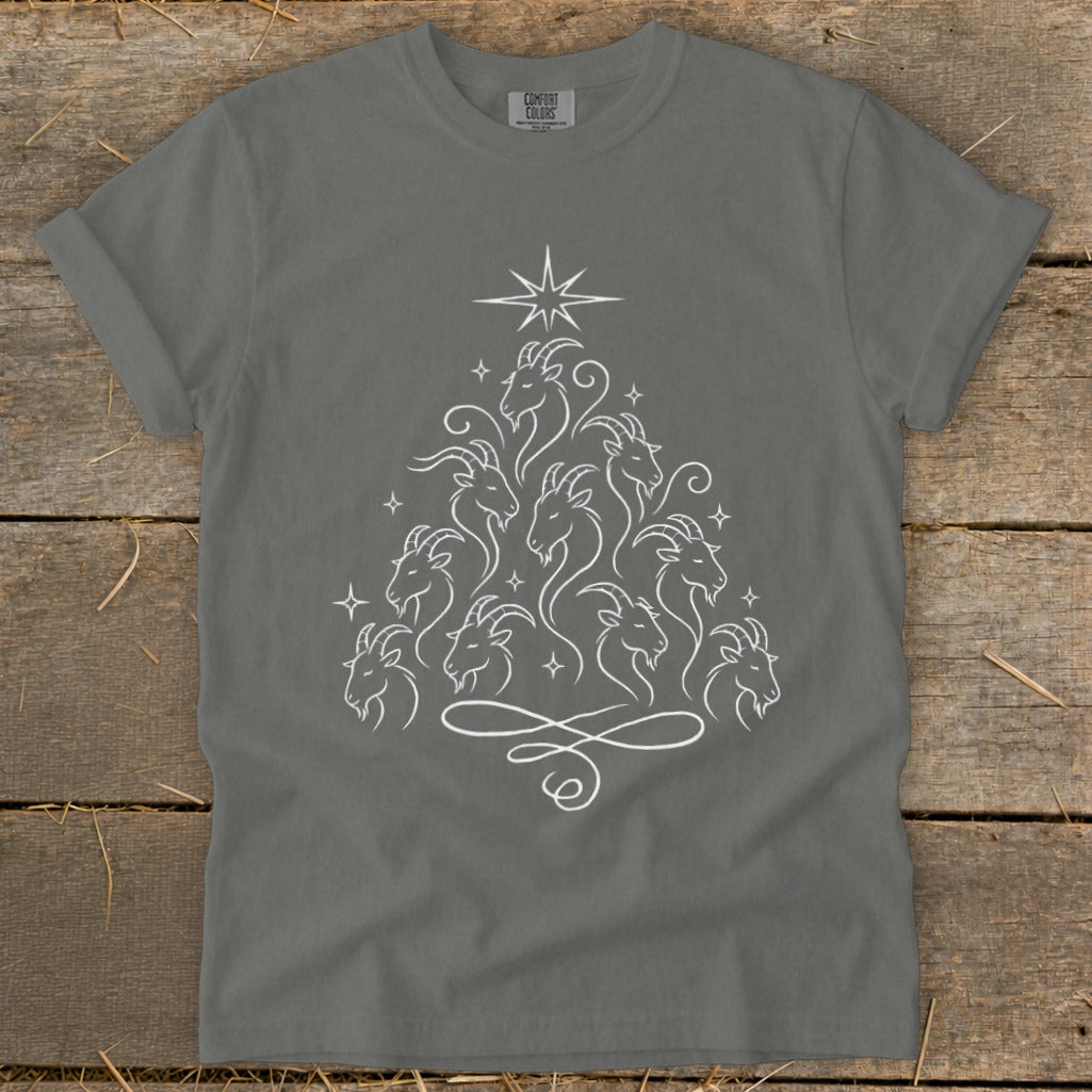 Gray t-shirt with a white line art Christmas tree made of goats and a star.