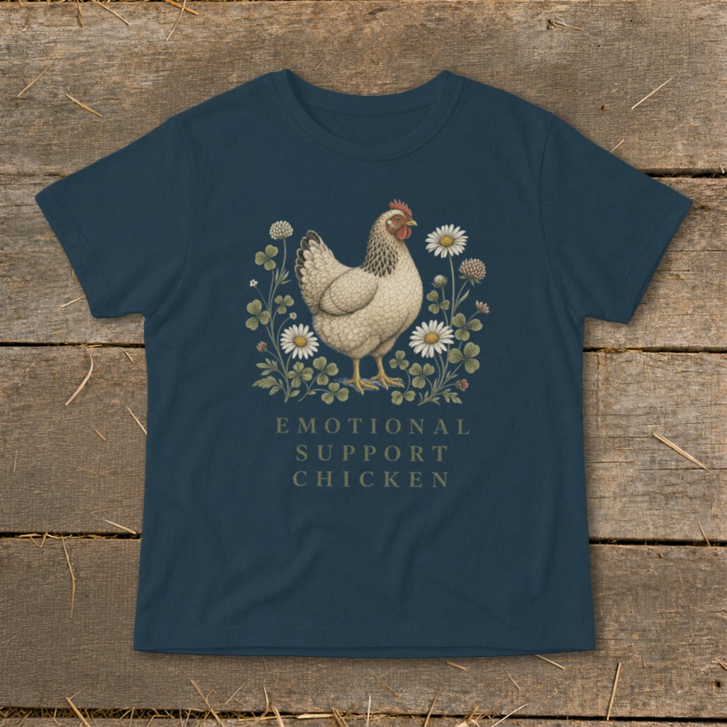 T-shirt graphic with a chicken surrounded by flowers and the text "EMOTIONAL SUPPORT CHICKEN."